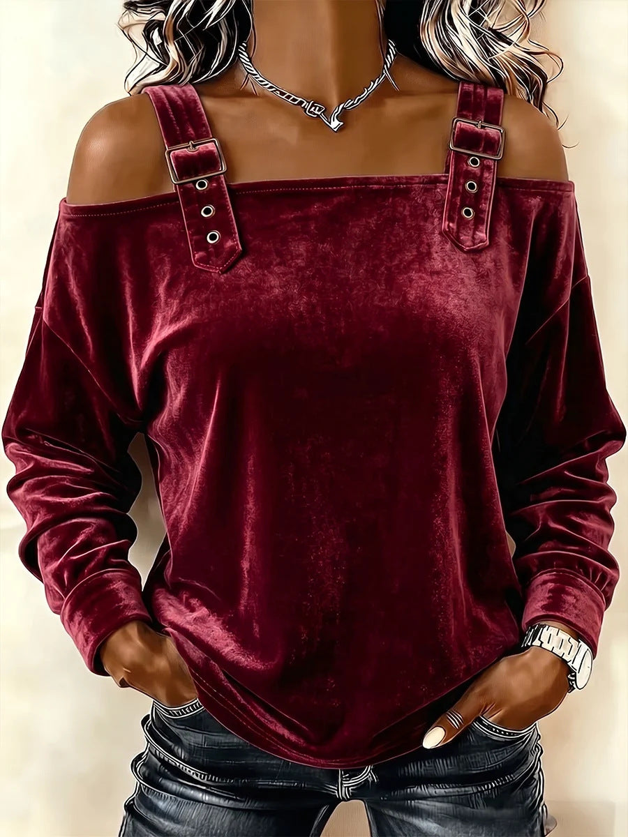 Damen Schulterfreies Samtshirt mit verstellbaren Gurt‑Trägern und lässiger Oversize‑Passform Drune