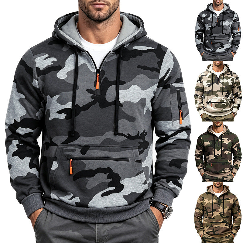 Herren Kapuzenpullover mit Tarnmuster, Reißverschlusstaschen und Kängurutasche Drune