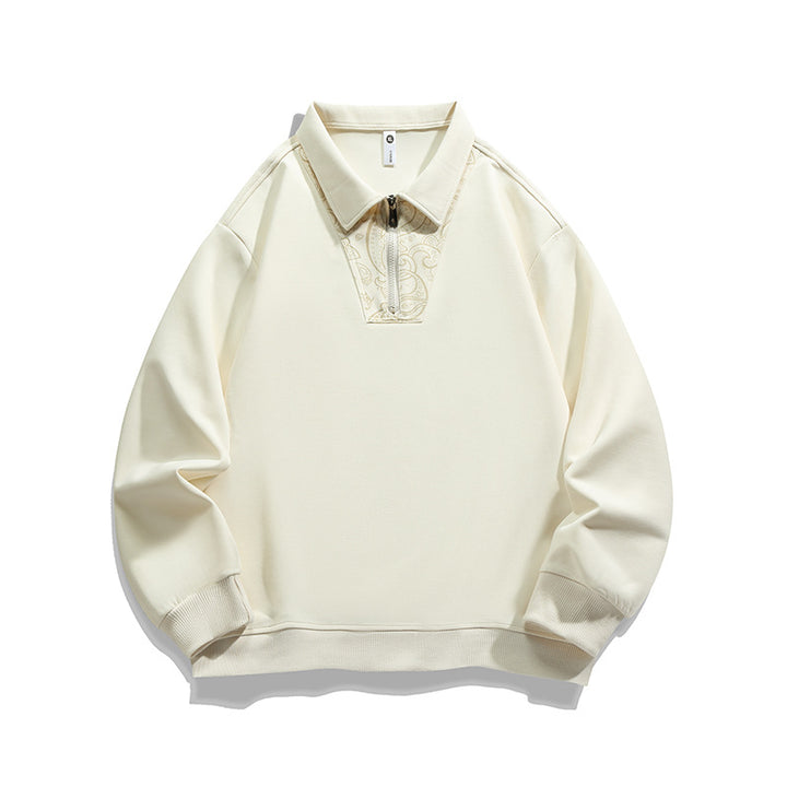 Herren Lockeres Sweatshirt mit Polokragen, halbem Reißverschluss und Paisley-Besatz Drune