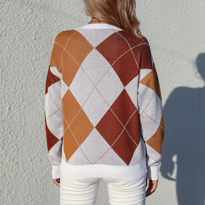 Damen Leichter Argyle-Feinstrickpullover mit Rundhalsausschnitt und lockerer Passform Drune