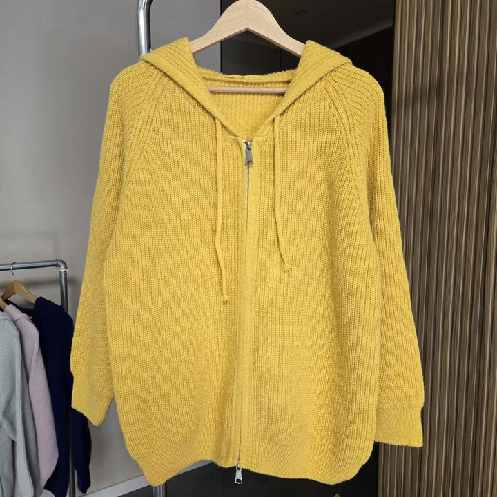 Damen gemütlicher Strick-Hoodie mit durchgehendem Reißverschluss und Kordelzug Drune
