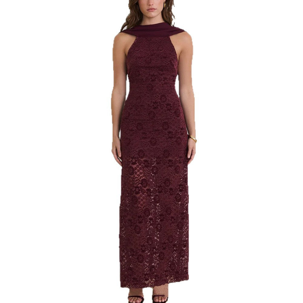 Damen Elegantes Maxikleid mit raffinierter Spitzenverzierung und schickem Halterneck Drune