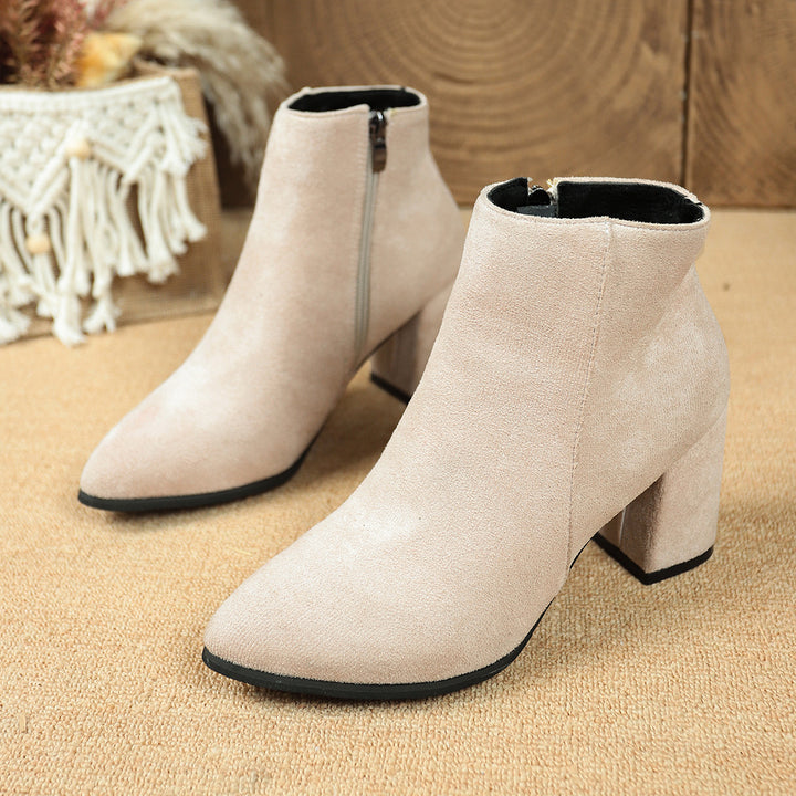Damen Ankleboots mit Blockabsatz, spitzer Zehenpartie und seitlichem Reißverschluss Drune