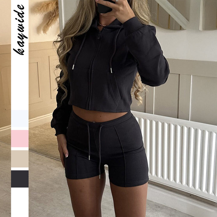 Damen nan lässiges Sweatshirt- und Short-Set mit dekorativen Schleifen-Applikationen, hohem Rundhalsausschnitt und Tunnelzugbund Drune