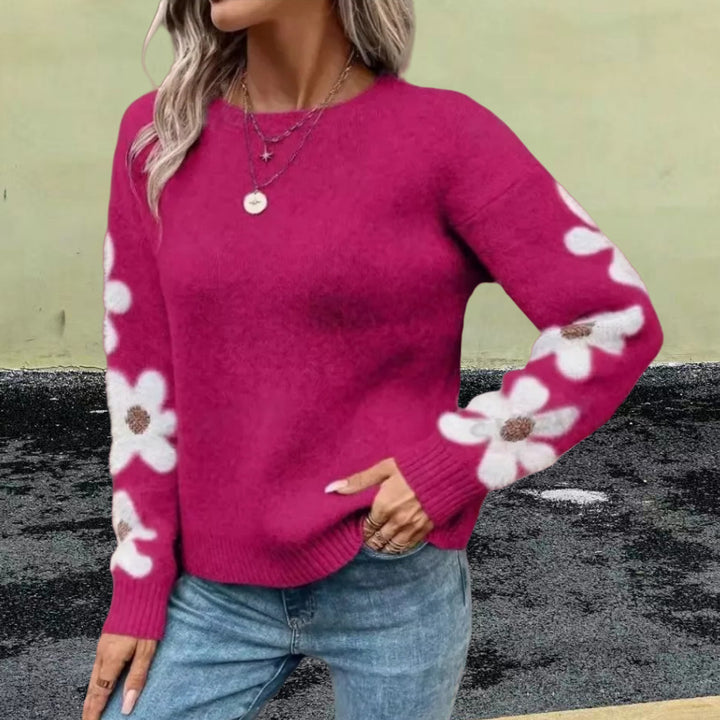 Damen Strickpullover mit floralem Muster und Rundhalsausschnitt Drune