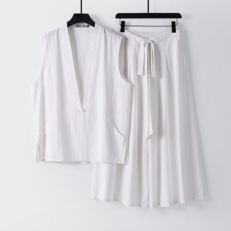 Damen Ärmelloses Kimono-Loungewear-Set aus leichtem Viskose-Leinen mit Bindeweste und weiten Palazzo-Hose Drune