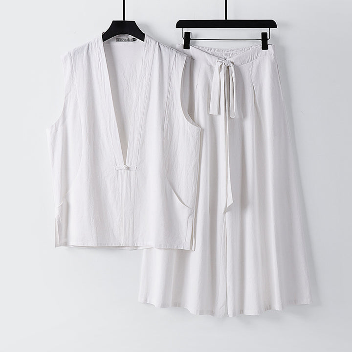 Damen Ärmelloses Kimono-Loungewear-Set aus leichtem Viskose-Leinen mit Bindeweste und weiten Palazzo-Hose Drune