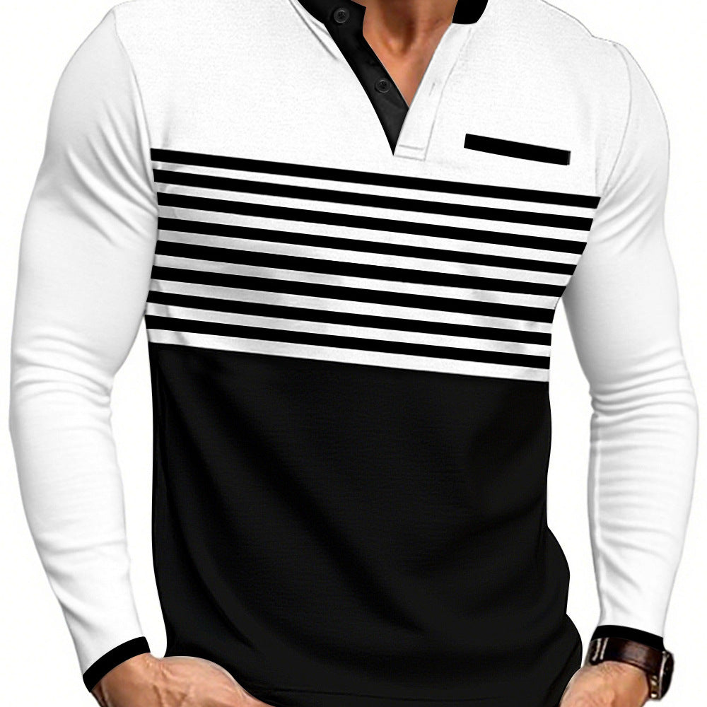 Herren nan modernes Langarm-Polo mit Henley-Blende gestreifter Brustpartie und Stehkragen Drune