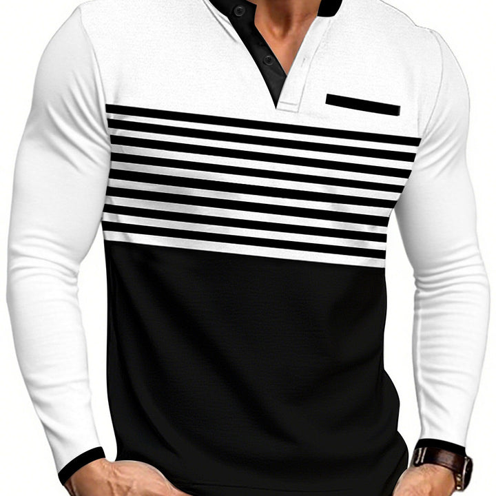 Herren nan modernes Langarm-Polo mit Henley-Blende gestreifter Brustpartie und Stehkragen Drune