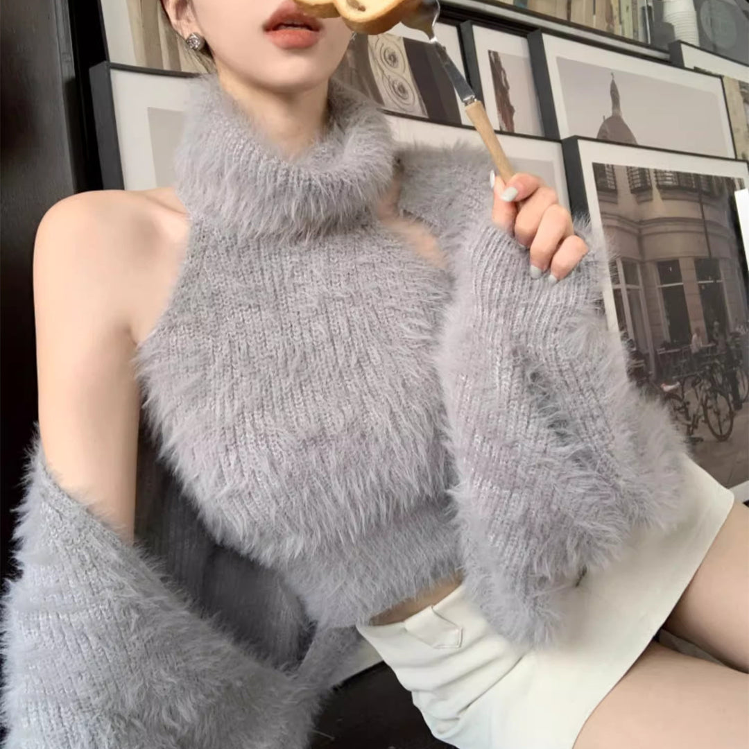 Damen Flauschiger Cropped Pullover mit Stehkragen und Oversize-Ärmeln Drune