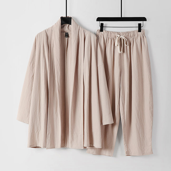 Unisex Lockeres Kimono-Lounge-Set aus leichter Baumwollmischung mit Schalkragen und Kordelbundhose Drune