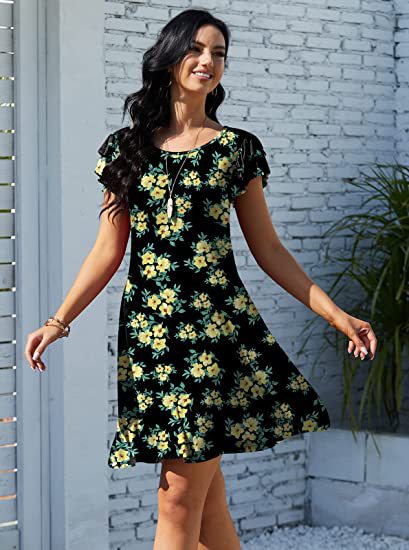 Damen Sommerliches Blumenkleid mit Rüschendetails und schwingendem Rock Drune