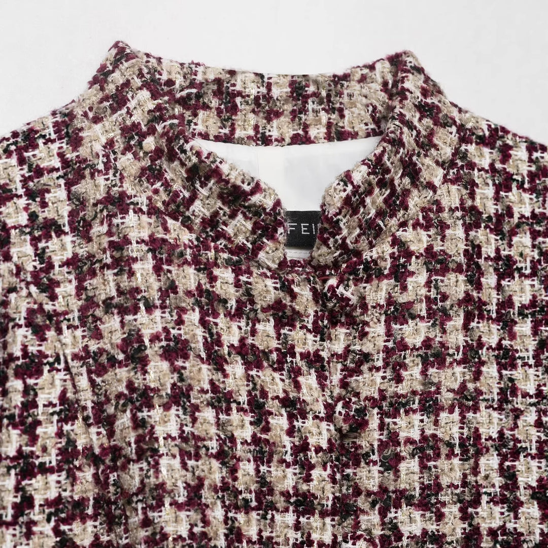 Damen Bouclé-Tweed Jacke mit Stehkragen und Kunstpelzmanschetten Drune