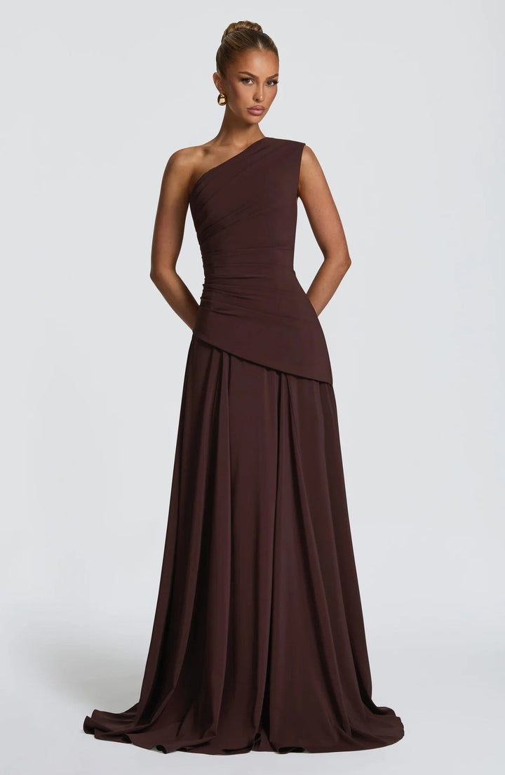 Damen Elegantes One-Shoulder Maxikleid mit fließenden Drapierungen Drune
