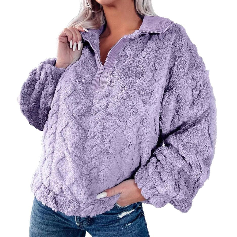Damen Flauschiger Zip-Pullover mit strukturiertem Design Drune
