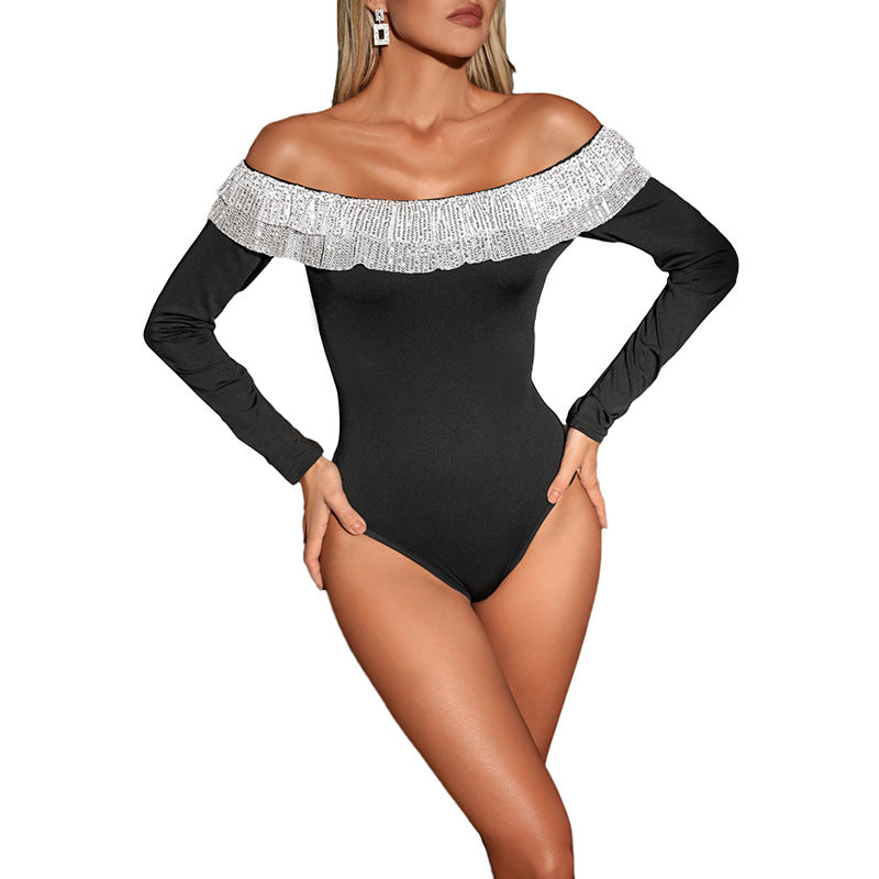 Damen Schulterfreier Body mit langen Ärmeln und glitzernder Volant‑Rüsche Drune
