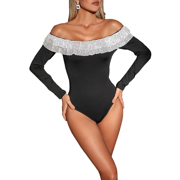 Damen Schulterfreier Body mit langen Ärmeln und glitzernder Volant‑Rüsche Drune