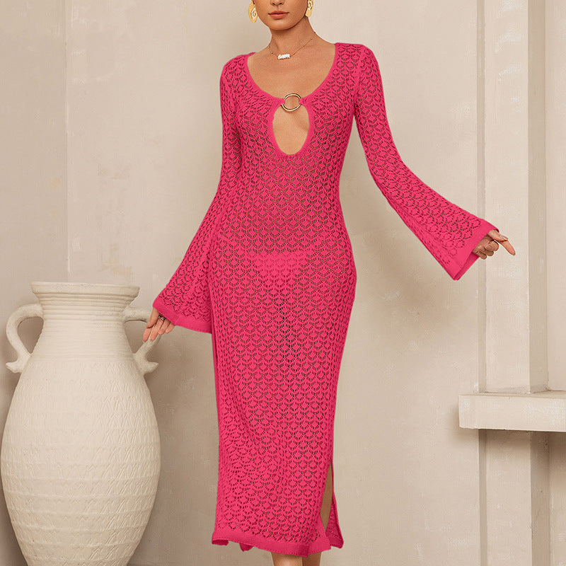 Damen Elegantes Häkelkleid mit tiefem Ausschnitt und weiten Ärmeln Drune