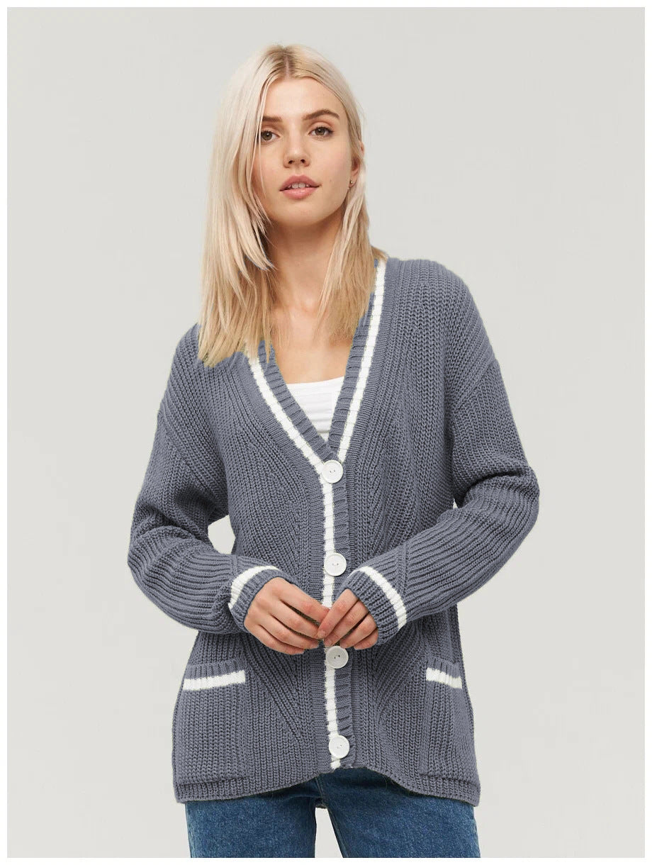 Damen gemütliche Strickjacke mit kontrastierenden Taschen und Knopfdetails Drune