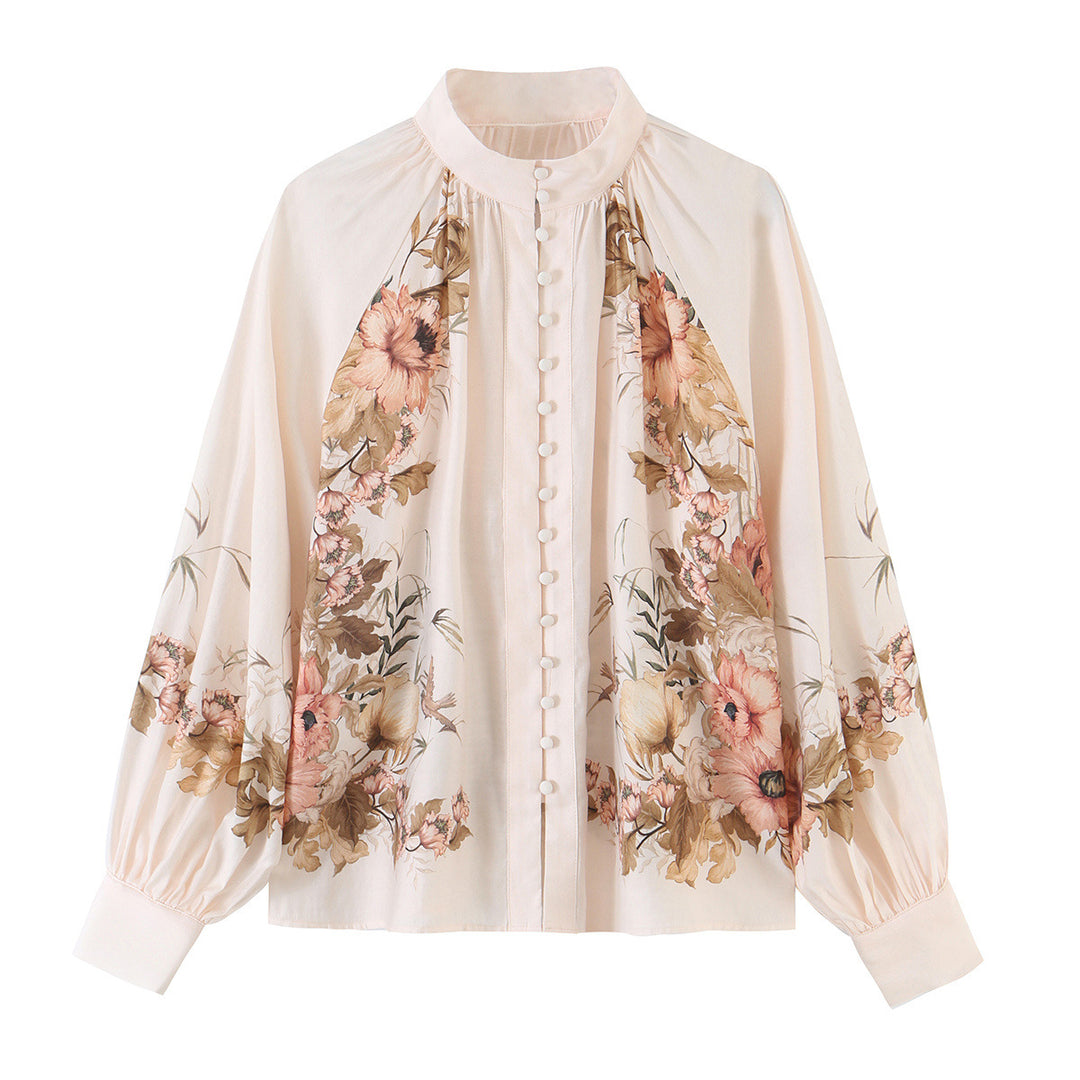 Damen Bluse mit Stehkragen, durchgehender Knopfleiste und weiten Ballonärmeln Drune