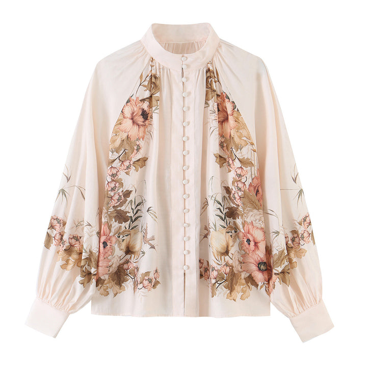 Damen Bluse mit Stehkragen, durchgehender Knopfleiste und weiten Ballonärmeln Drune