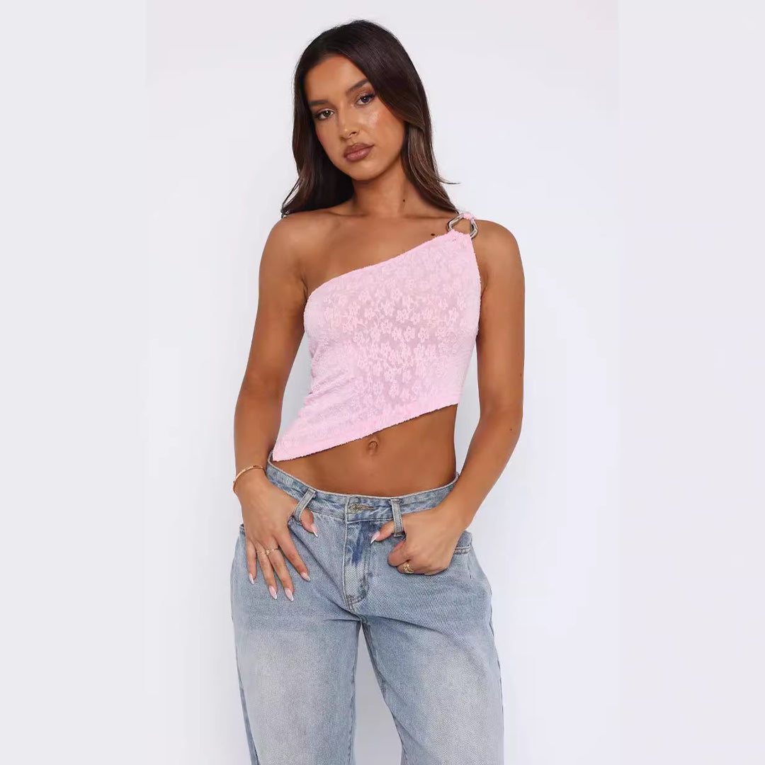 Damen asymmetrisches Spitzenoberteil mit funkelndem Ringdetail Drune