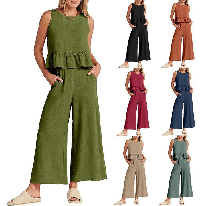 Damen Zweiteiler-Set mit schickem Peplum-Oberteil und weit geschnittenen Hosen Drune