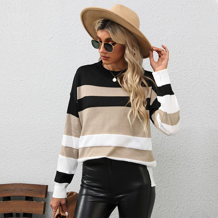 Damen Gestreifter Oversize-Feinstrickpullover mit Rundhalsausschnitt und Rippbündchen Drune