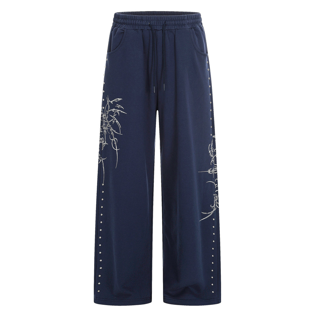 Damen Weite Sweatpants mit Tunnelzug, Ziernieten und grafischem Print Drune