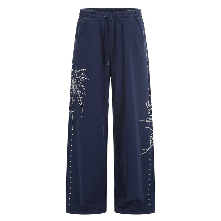 Damen Weite Sweatpants mit Tunnelzug, Ziernieten und grafischem Print Drune