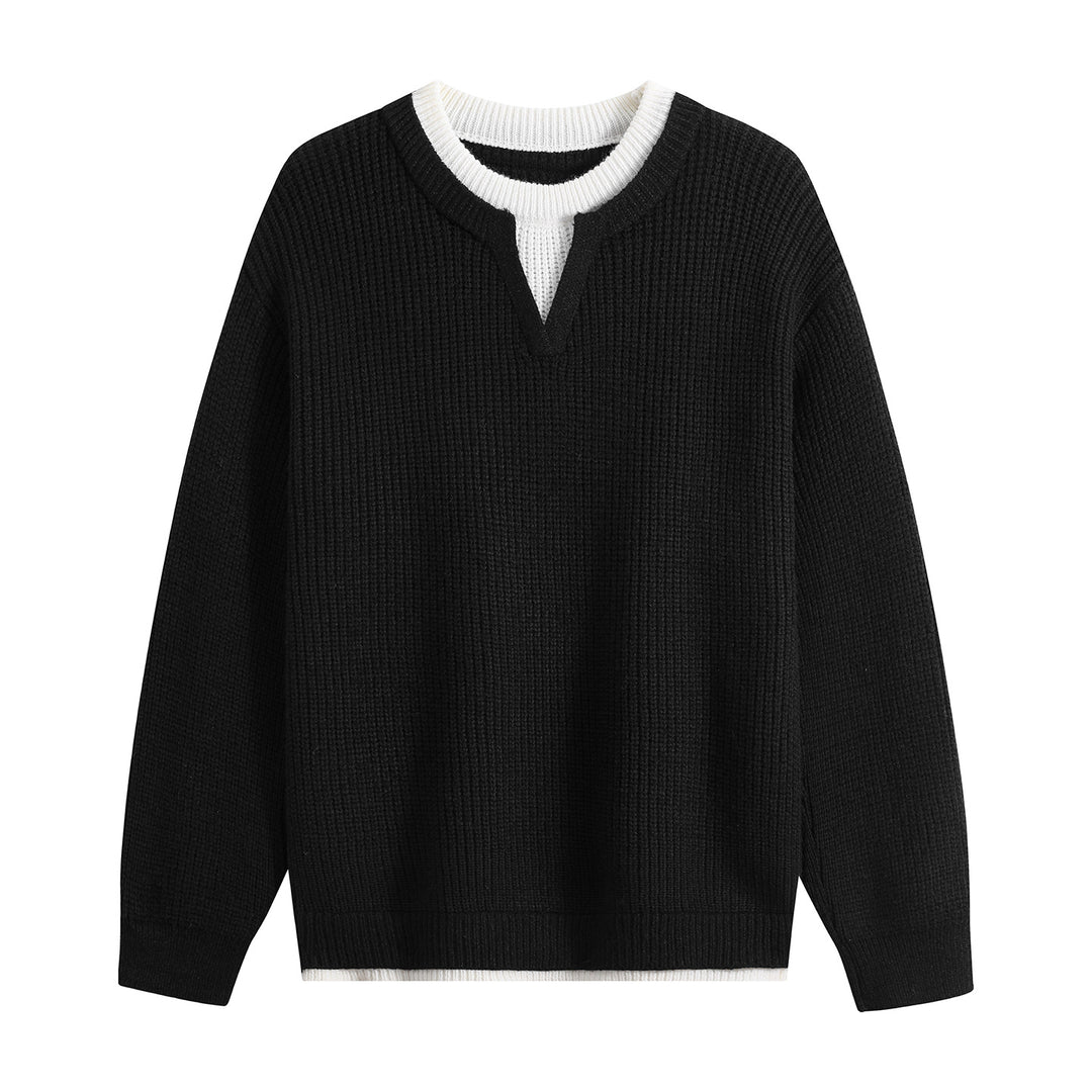Herren Oversize-Strukturstrick-Pullover mit V‑Einsatz am Rundhals Drune
