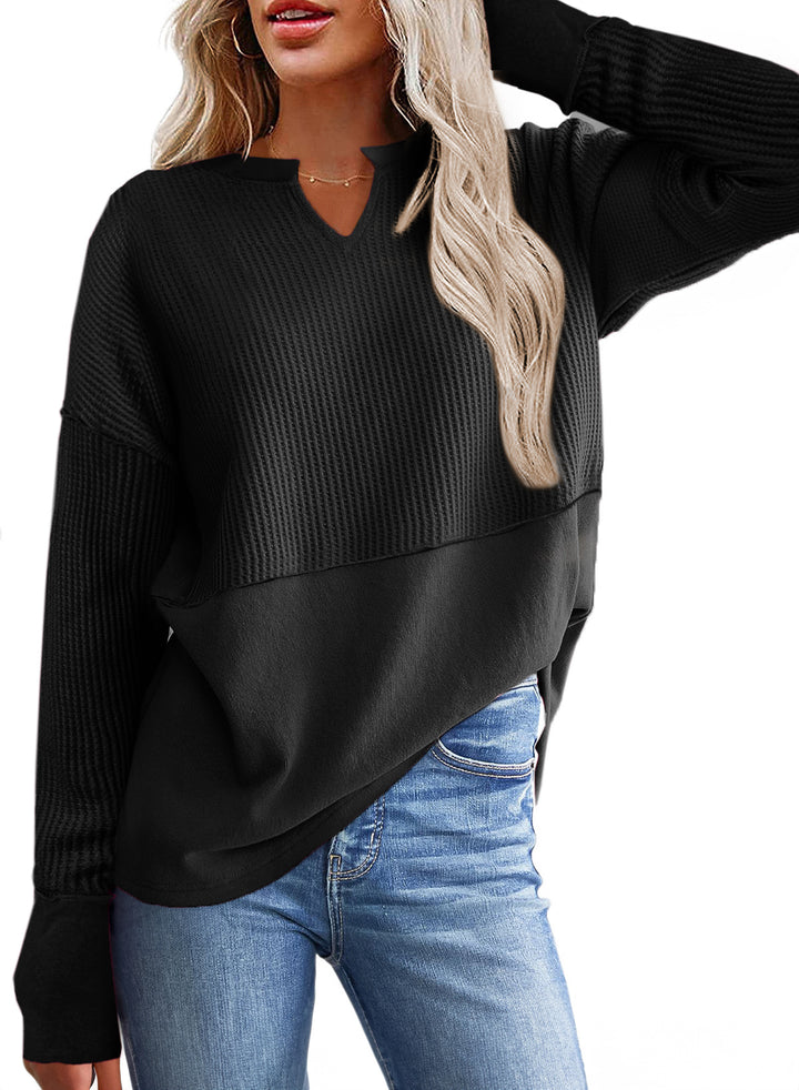 Damen Oversize-Pullover mit Waffle-Struktur, V-Notch und überschnittener Schulter Drune