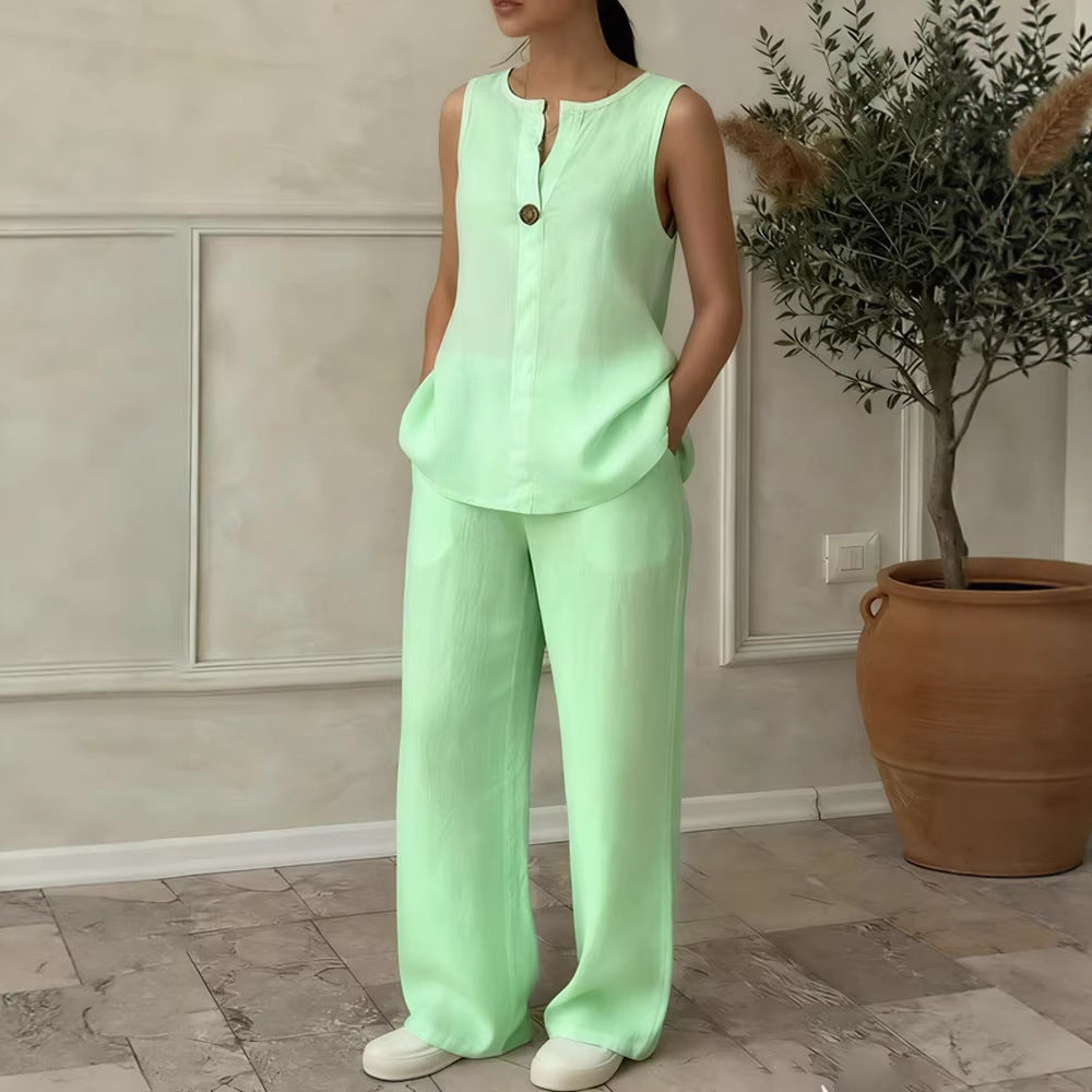 Damen Leinen Set mit elegantem Knopfdetail Drune