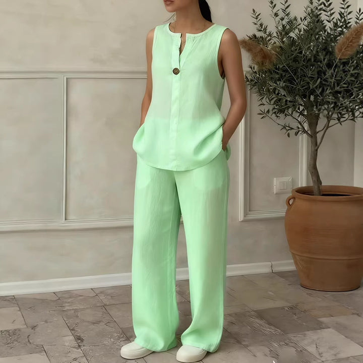 Damen Leinen Set mit elegantem Knopfdetail Drune