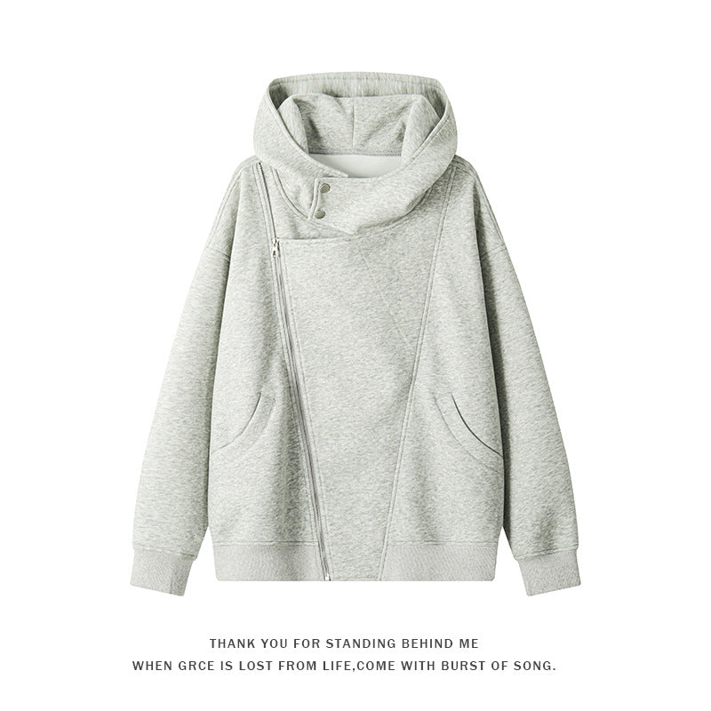 Damen nan asymmetrischer Kapuzenpullover mit hohem Kragen, diagonalem Reißverschluss und Kängurutaschen Drune