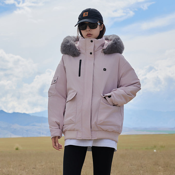 Damen isolierte Pufferjacke mit abnehmbarem Kunstfellkragen und großen Eingrifftaschen Drune