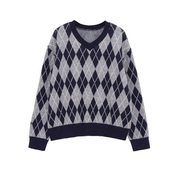 Damen Argyle V-Ausschnitt Strickpullover mit Rautenmuster Drune