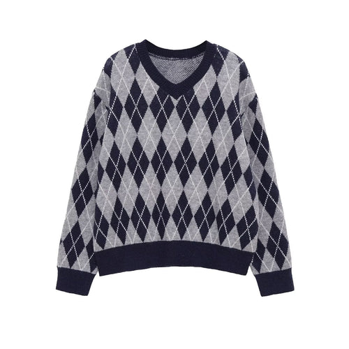 Damen Argyle V-Ausschnitt Strickpullover mit Rautenmuster Drune