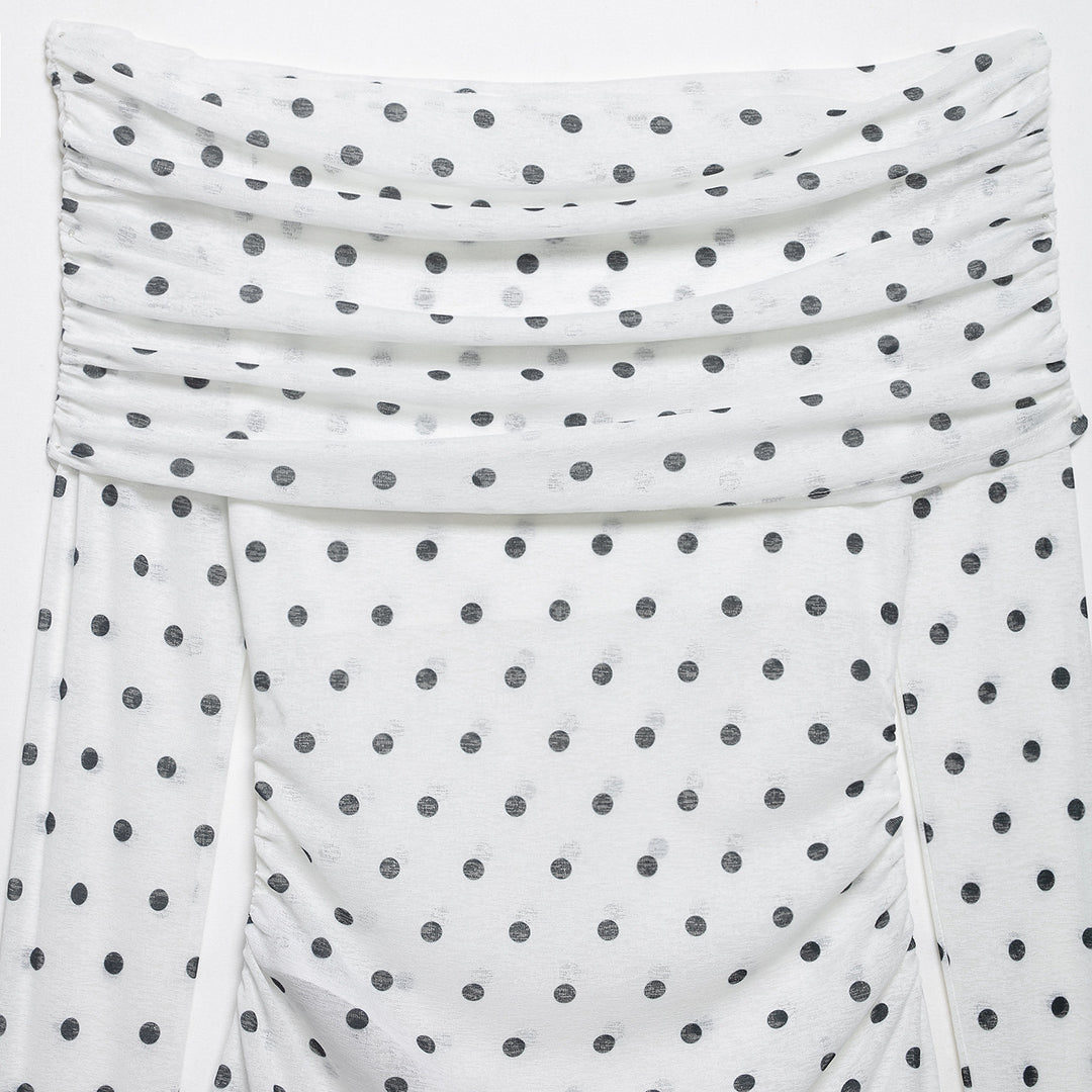 Damen Schulterfreies Langarmshirt mit drapiertem Umschlagkragen und Polka‑Dot-Muster Drune