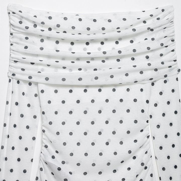 Damen Schulterfreies Langarmshirt mit drapiertem Umschlagkragen und Polka‑Dot-Muster Drune