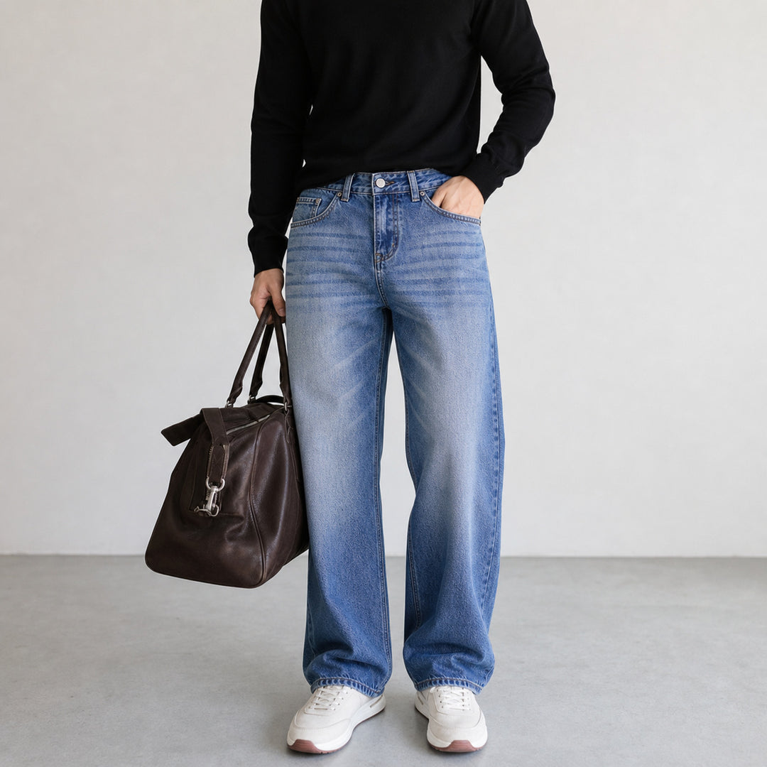 Damen Weite High-Waist-Denimhose mit weitem Bein und Vintage-Waschung Drune