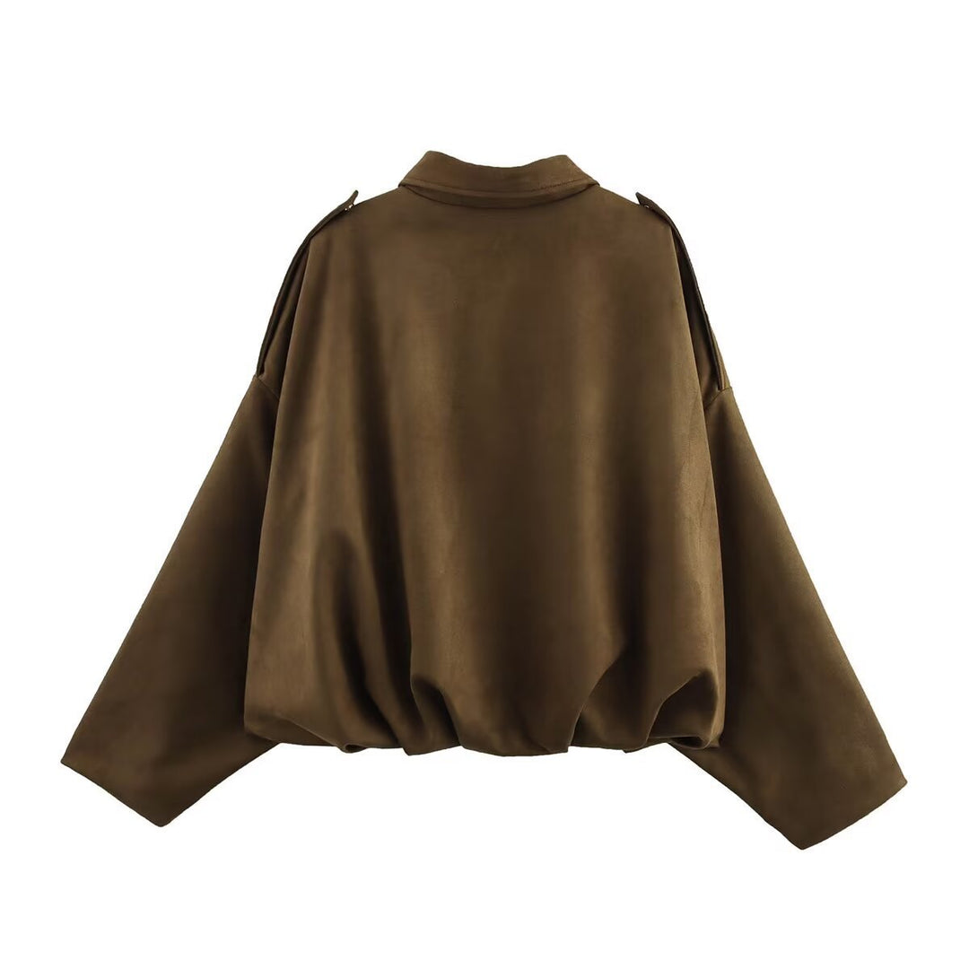 Damen Kurz geschnittene Oversize-Suèdejacke mit Schulterklappen und elastischem Saum Drune