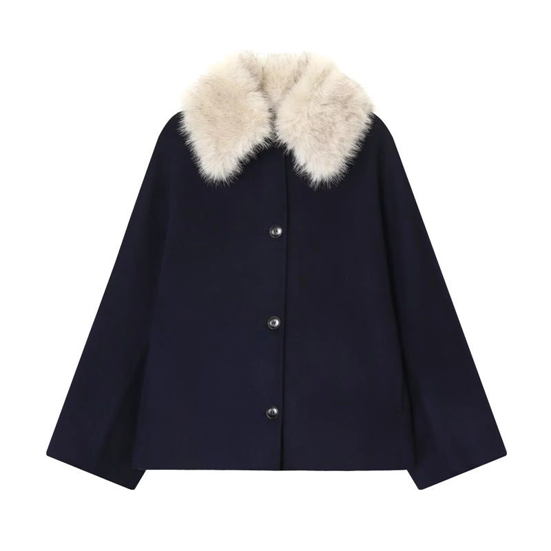 Damen 300+ gefütterter Wollmix‑Cape‑Mantel mit abnehmbarem Kunstfellkragen Drune