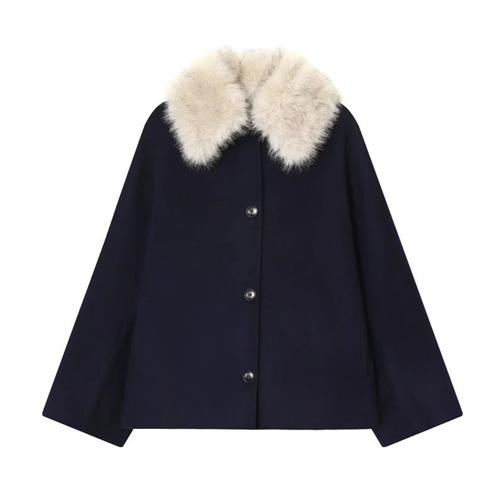 Damen 300+ gefütterter Wollmix‑Cape‑Mantel mit abnehmbarem Kunstfellkragen Drune
