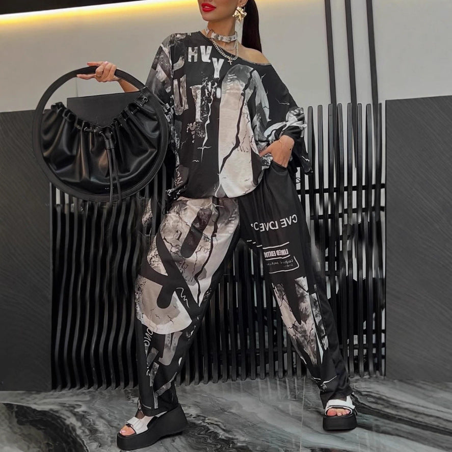 Damen nan zweiteiliges weites Satin-Freizeit-Set mit schulterfreiem Fledermaus-Top und Palazzohose Drune