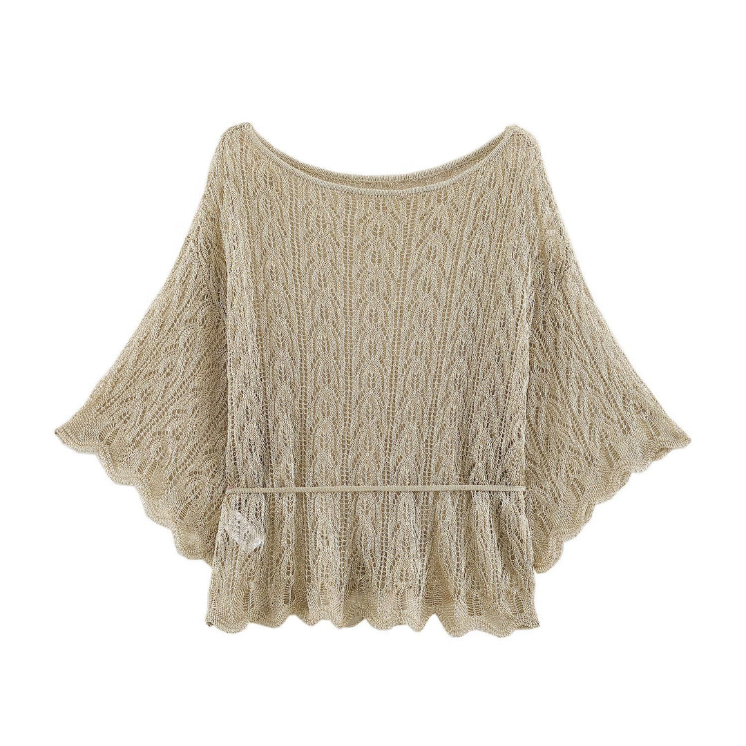 Damen Oversize Häkelponcho mit Wellenkante und Tunnelzugtaillierung Drune
