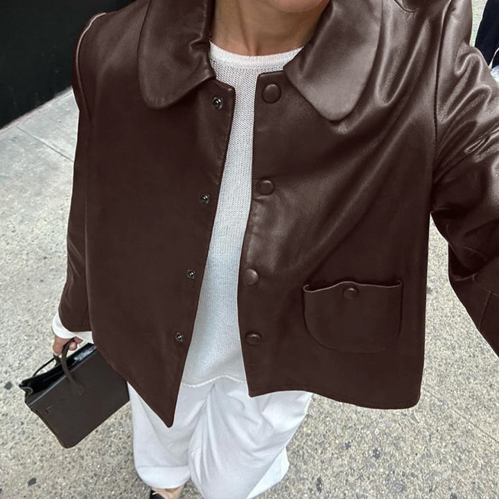 Damen Modische Kunstlederjacke mit praktischen Taschen und elegantem Kragen Drune