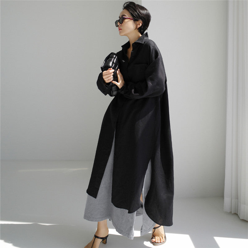 Damen Langes Leichtes Hemdblusen-Midaxi-Kleid mit Kentkragen und hohen Seitenschlitzen Drune
