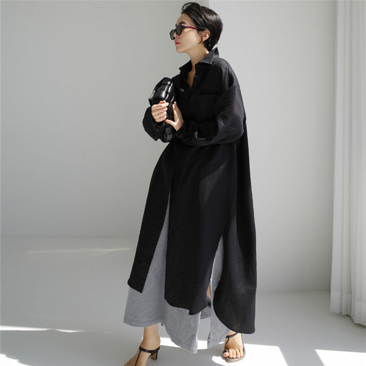 Damen Langes Leichtes Hemdblusen-Midaxi-Kleid mit Kentkragen und hohen Seitenschlitzen Drune