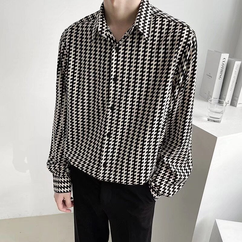Herren Gemustertes Oversize-Hemd mit Hahnentritt-Motiv und klassischem Hemdkragen Drune